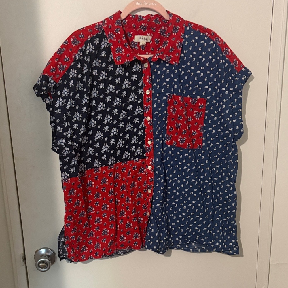Style & Co. Red Floral Button-Up Blouse with Navy Accents